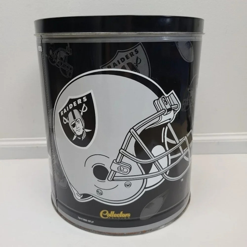 Vintage 1996 Oakland Raiders Metal Popcorn Tin Black Silver Large Size